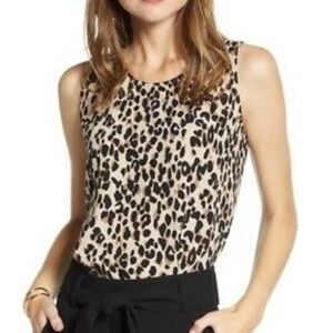 NEW Halogen Medium Scoop Neck Woven Shell Tan Abstract Animal Print Leopard Sz S